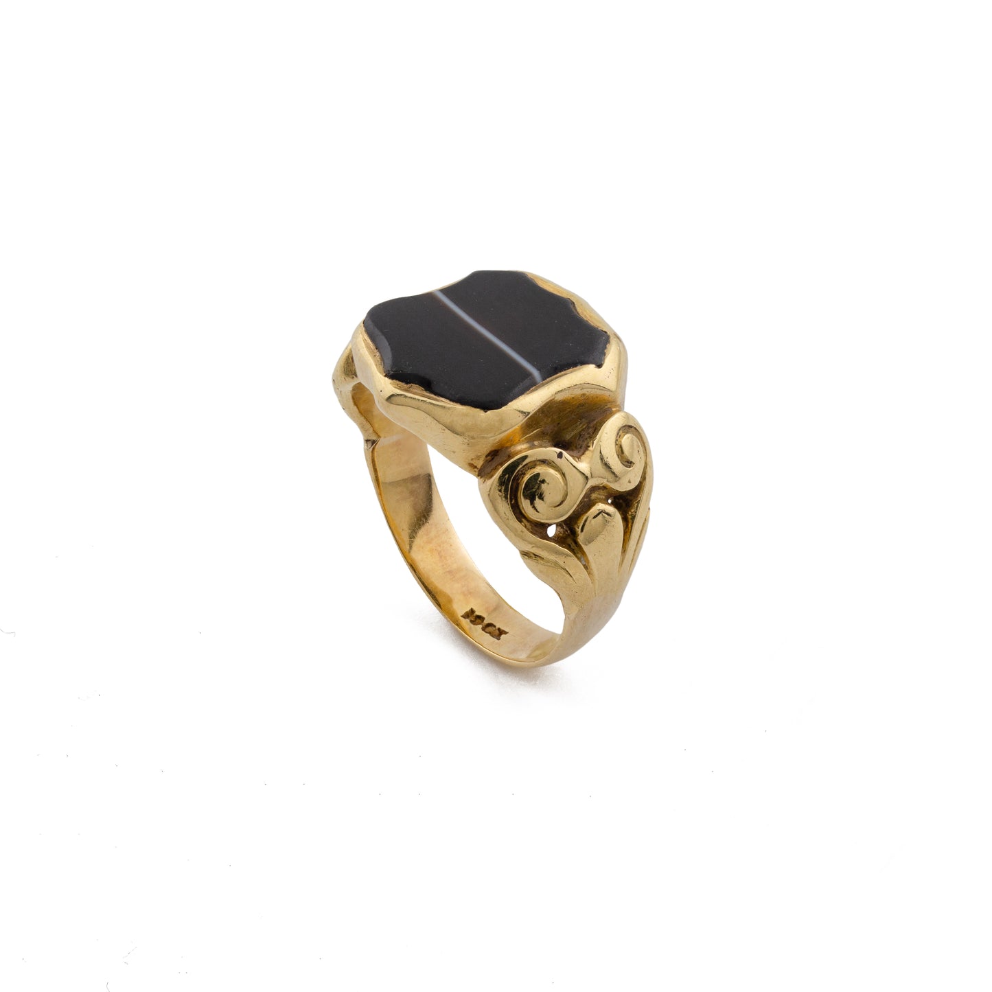 Art Nouveau Banded Agate Shield Signet Ring in 10ct Gold