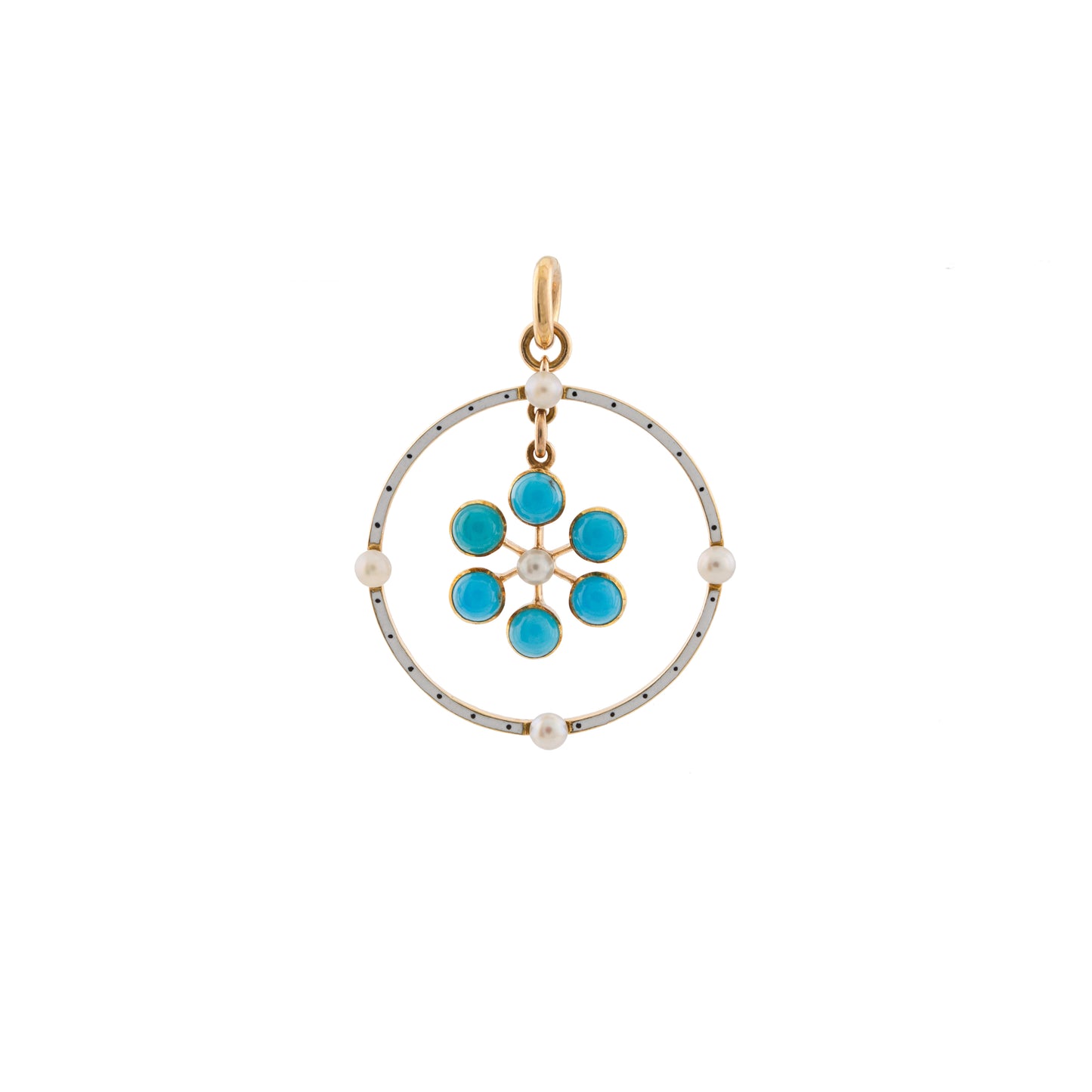 Victorian 15ct Gold Enamel Turquoise & Pearl Flower Pendant