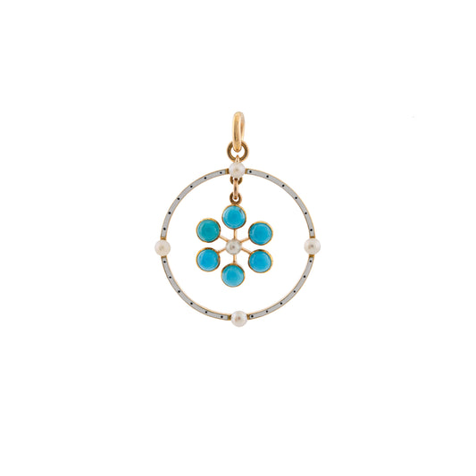 Victorian 15ct Gold Enamel Turquoise & Pearl Flower Pendant