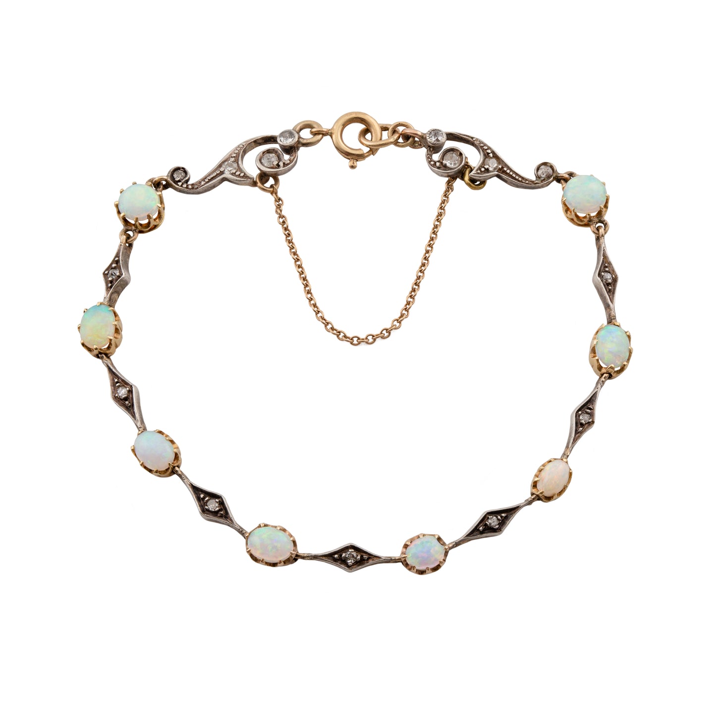 Edwardian 9ct Gold and Silver Opal and Diamond Bracelet