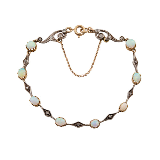 Edwardian 9ct Gold and Silver Opal and Diamond Bracelet