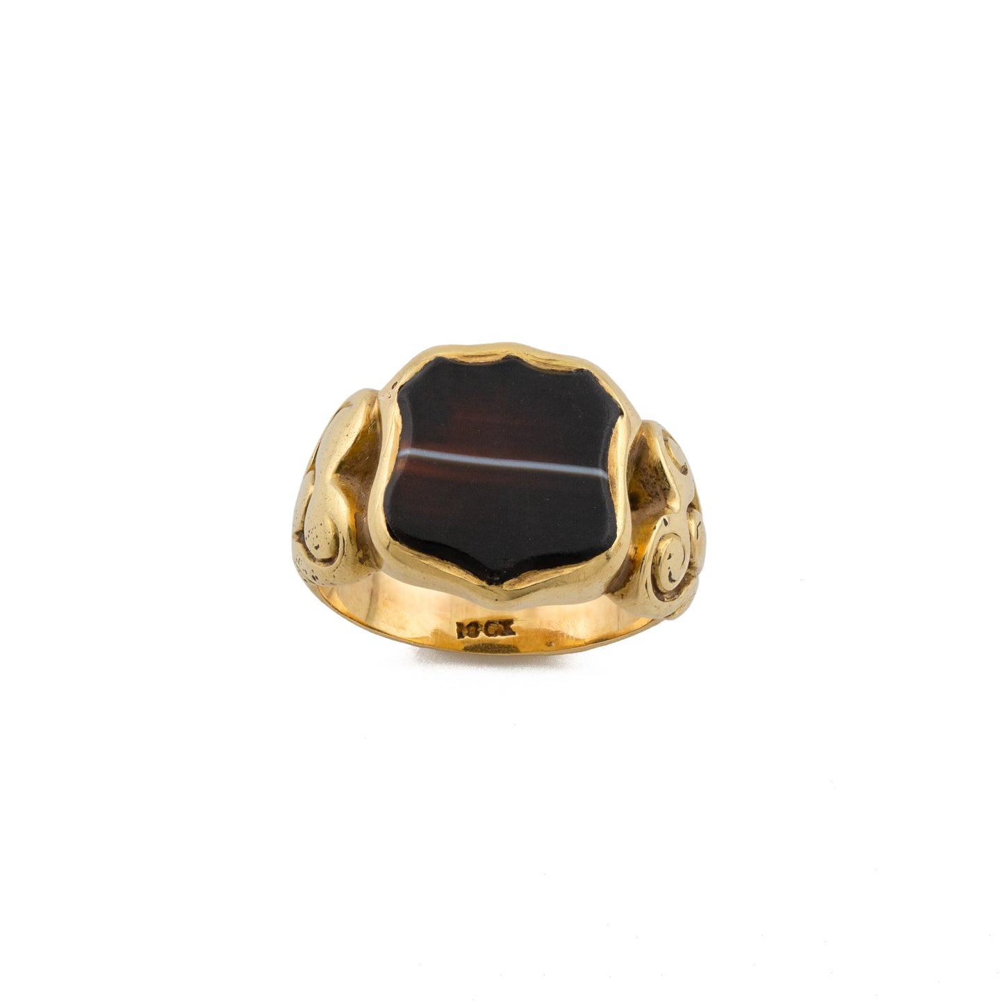 Art Nouveau Banded Agate Shield Signet Ring in 10ct Gold