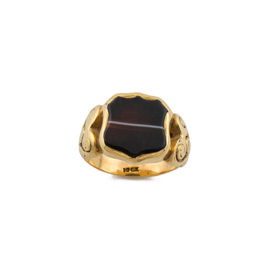 Art Nouveau Banded Agate Shield Signet Ring in 10ct Gold