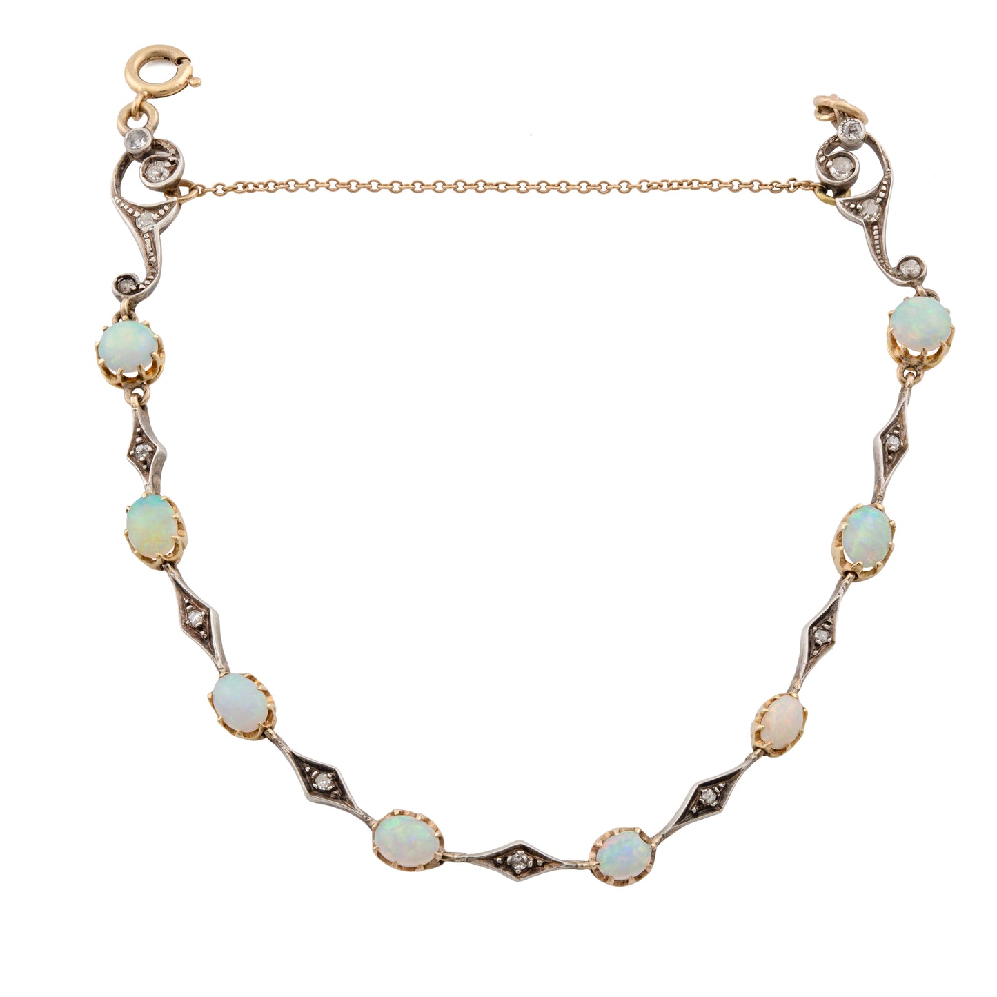 Edwardian 9ct Gold and Silver Opal and Diamond Bracelet