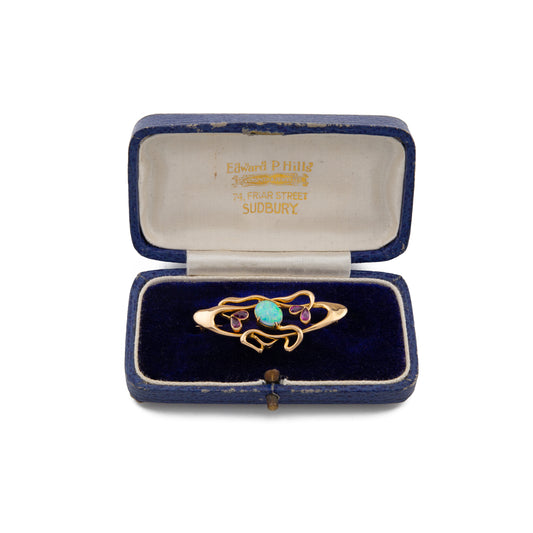 Opal and Ruby Arts & Crafts Brooch in 15ct Gold